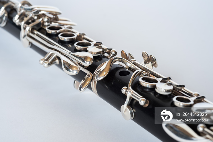 Close up image of old Black Clarinet Isolated on a White Background