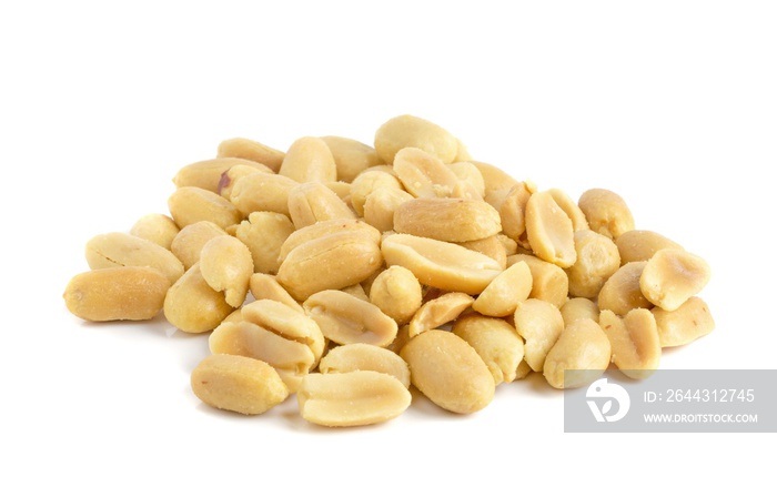 A pile of salted peanuts isolated on a white background