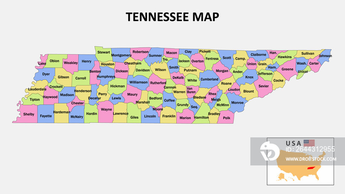 Tennessee Map. District map of Tennessee in District map of Tennessee in color with capital.