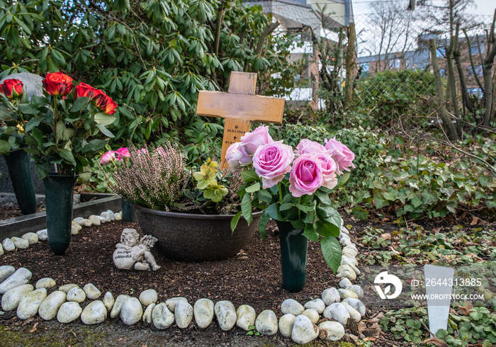 Frühlingsgruß aus schönen Rosen vor einem Holzkreuz