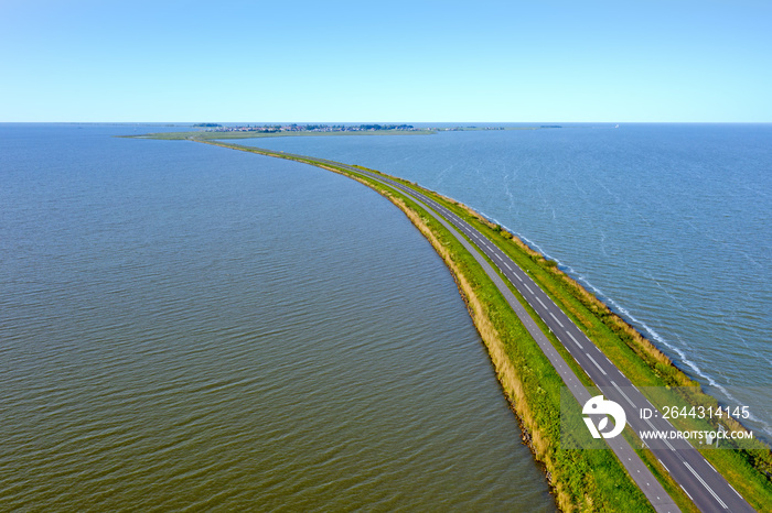 Aerial from the dyke to Marken at the IJsselmeer in the Netherlands