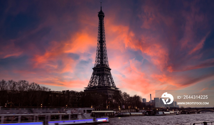 Silhouette of  the Paris Eiffel Tower  view and river Seine in Paris, France. Eiffel Tower is one of the most iconic landmarks of Paris