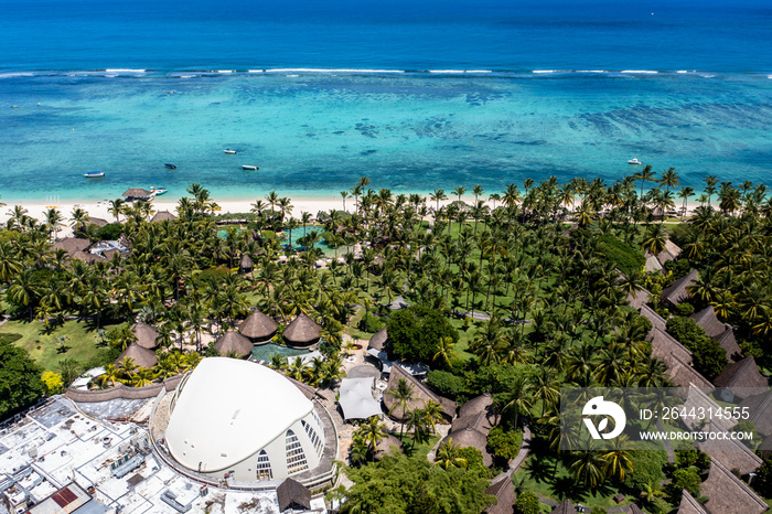 Aerial view Flic en Flac beach with luxury hotel and palm trees, Mauritius, Africa