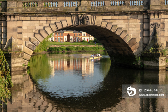 View over the River Severn of English Bridge in Shrewsbury