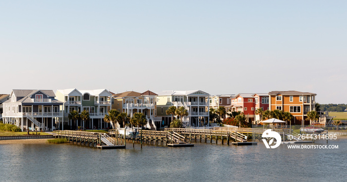 Wide angle view of luxury beach rental houses on the intercoastal waterway, Sunset Beach, North Carolina