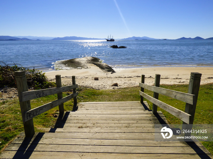 A view of Florianopolis’ bay, boat in the background (Florianopolis, Brazil)