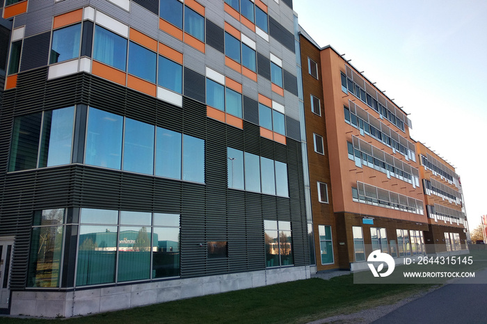 Low angle view of high multistorey office building.