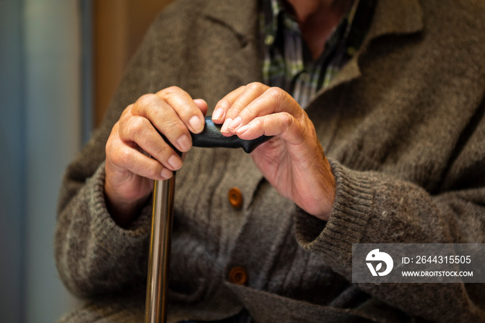 hands of a senior citizen holding the cane