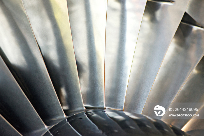 Jet engine blades. Front of the aircraft engine for background. Turbo-jet engine of the plane