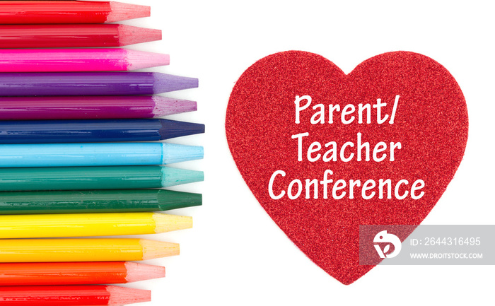 Parent Teacher Conference message on red heart with colored watercolor pencils