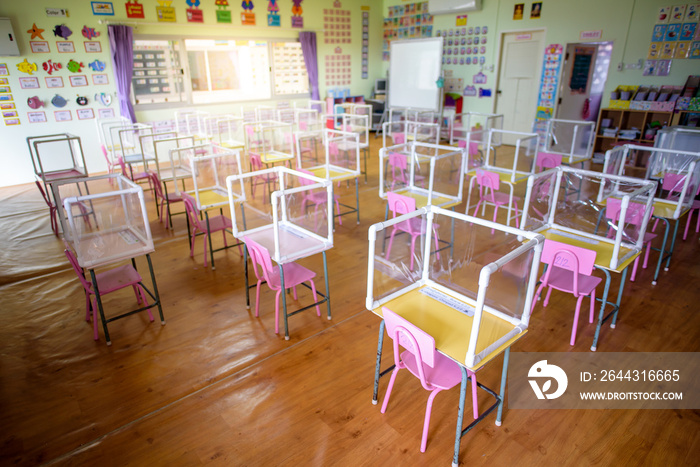 New normalno classrooms The Social distancing in classrooms and kindergartens that are about to be opened during the coronary epidemic, or Covid-19, have plastic sheets between students.