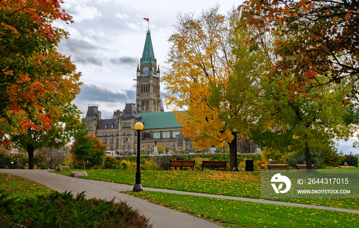 Parliament Buildings in autumn colors in Ottawa, Canada