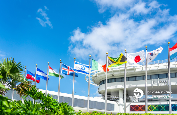 Miami airport building with flags of different countries