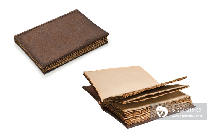 An open empty old notebook isolated on a white background.