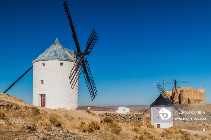 Windmills and a castle in Consuegra village, Spain