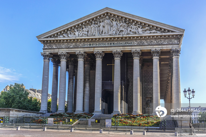 Eglise de la Madeleine, one of most famous churches of Paris, France. Madeleine Church designed in its present form as a temple to the glory of Napoleon’s army.