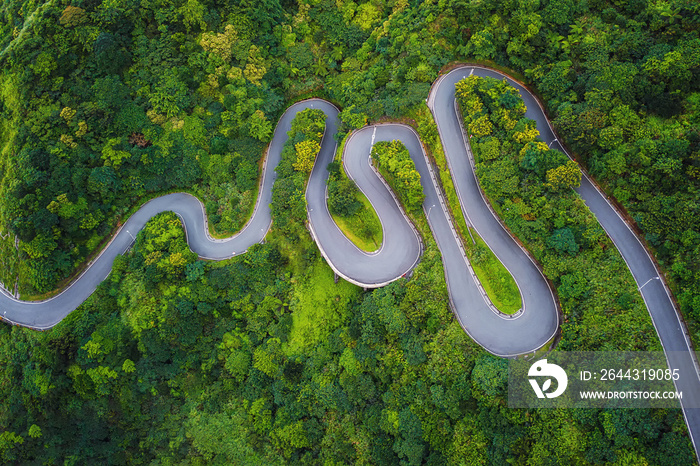 Aerial view of cars driving on curved, zigzag road or street on mountain hill with green natural forest trees in rural area of New Taipei City, Taiwan