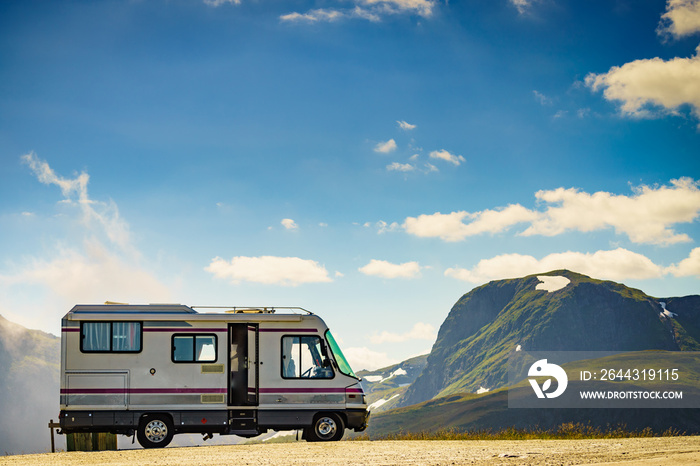 Camper car on roadside in norwegian mountains