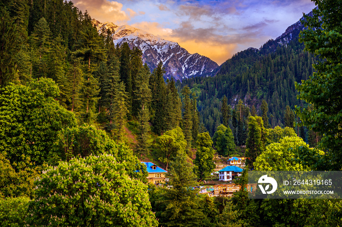 Landscape in the mountains. Scenic golden hour view in the Himalaya range. Sunrise view from the dense forest of Himalayan village Grahan, Kasol, Himachal Pradesh, India.