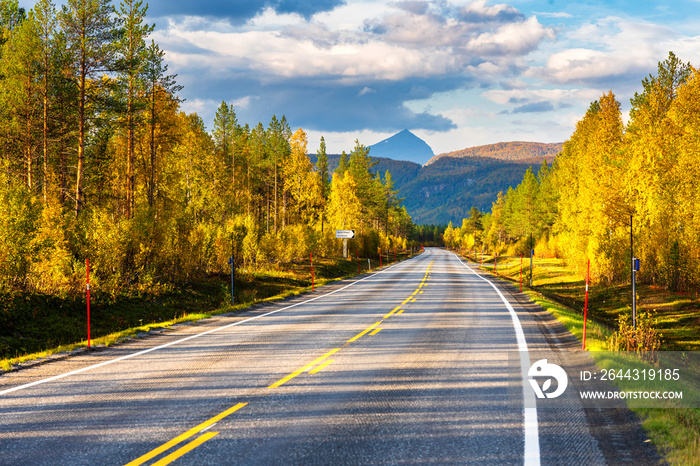 Scenic asphalt road through the beautiful view of mountain in lofoten island, Norway during autumn. Concept of roadtrip, travel, vacation, adventure.