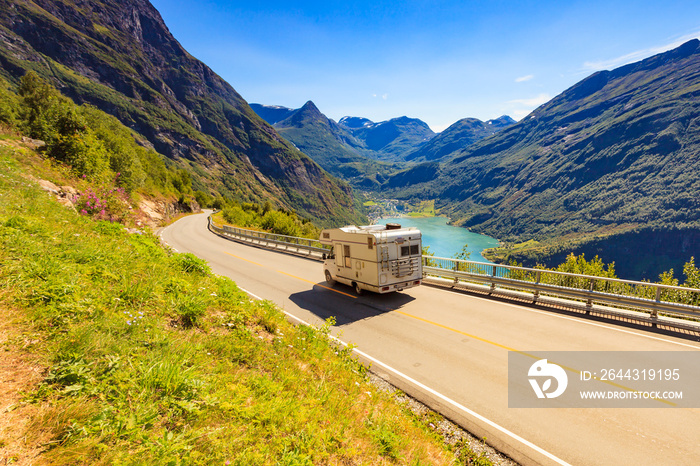 Geiranger fjord and camper on road, Norway.