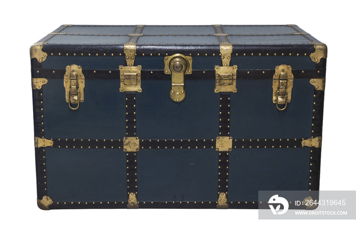 Antique Blue Tin Travel Trunk Steamer Chest Tin Chest Trunk closed isolated on white background