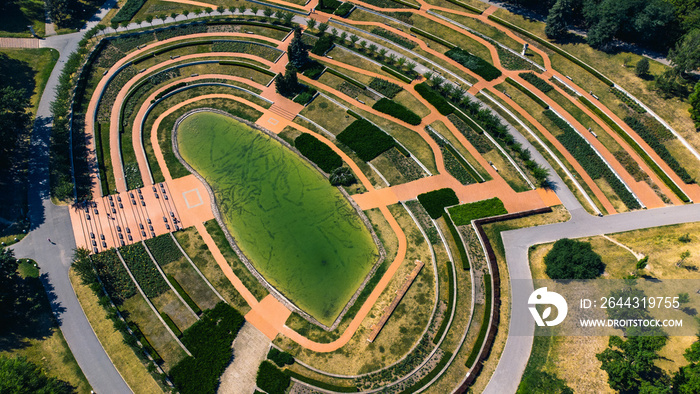 Small lake and rosarium in Cytadela park from above, Poznan, Poland