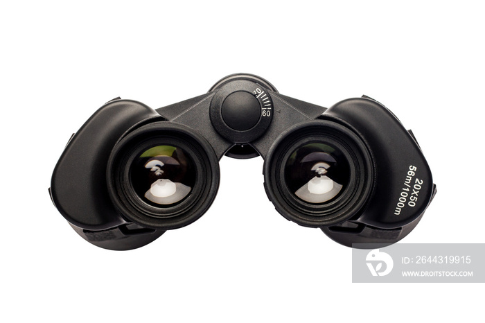 Binoculars on an isolated white background. Banner. Flat lay, top view