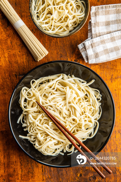 Cooked udon noodles. Traditional Japanese noodles.