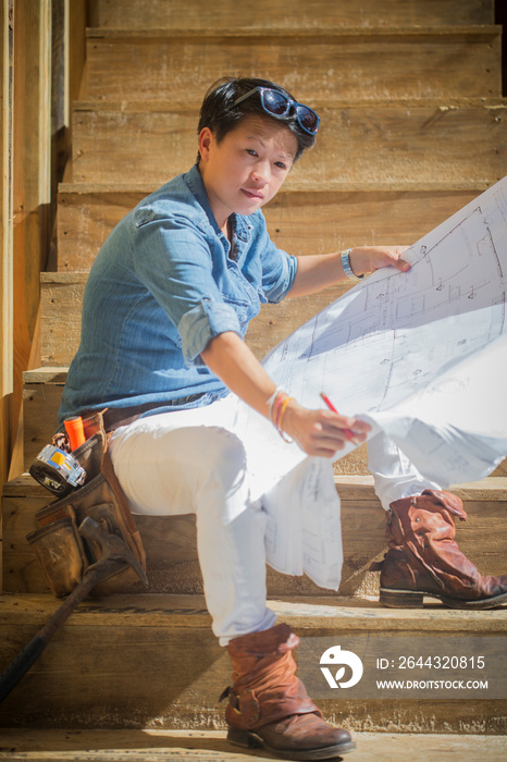 Mid adult woman studying blueprints to her own home