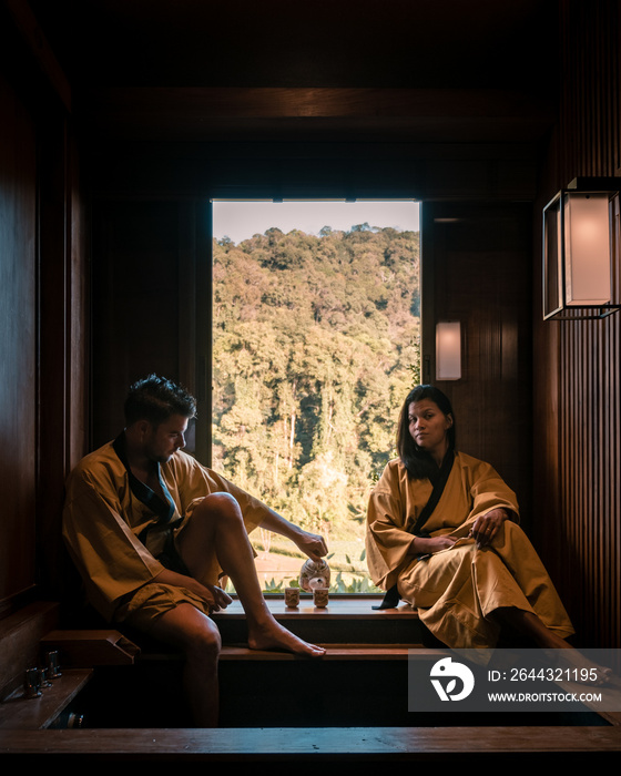 Couple in wooden Onsen Spa, Onsen bath tub