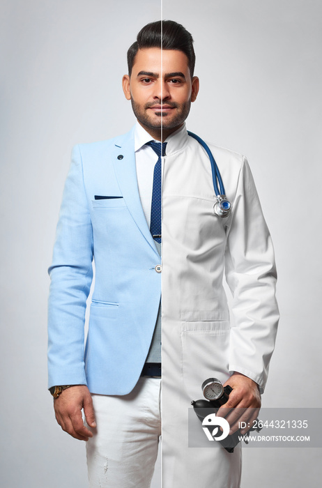 Portrait of a young handsome bearded man dressed as a businessman and as a doctor medicine healthcre vitality living profession occupation success leadership entrepreneur practitioner concept.