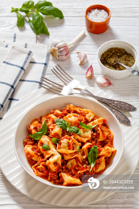 tortellini in ground beef tomato sauce, top view