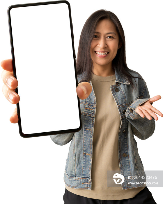 Happy asian woman holding big smartphone with empty free space for mock up