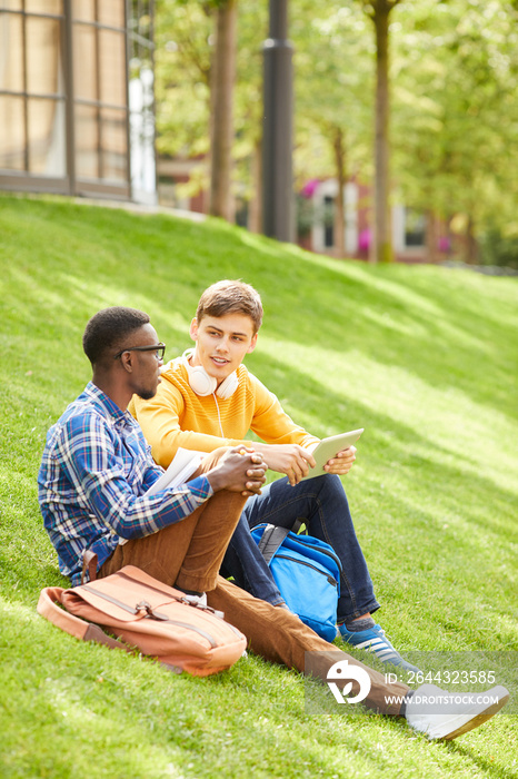 Side view portrait of two students sitting on green grass in campus and relaxing outdoors, copy space