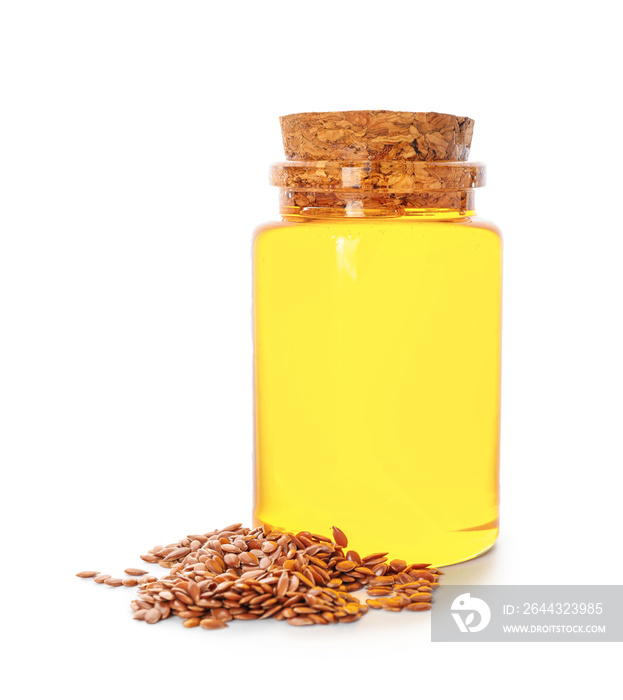 Bottle of flax oil on white background