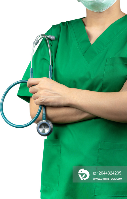 Surgeon doctors or nurses wear green scrubs uniforms and green face mask. Physician stand with arms crossed and hand holding stethoscope isolated on transparent background. Healthcare professional.