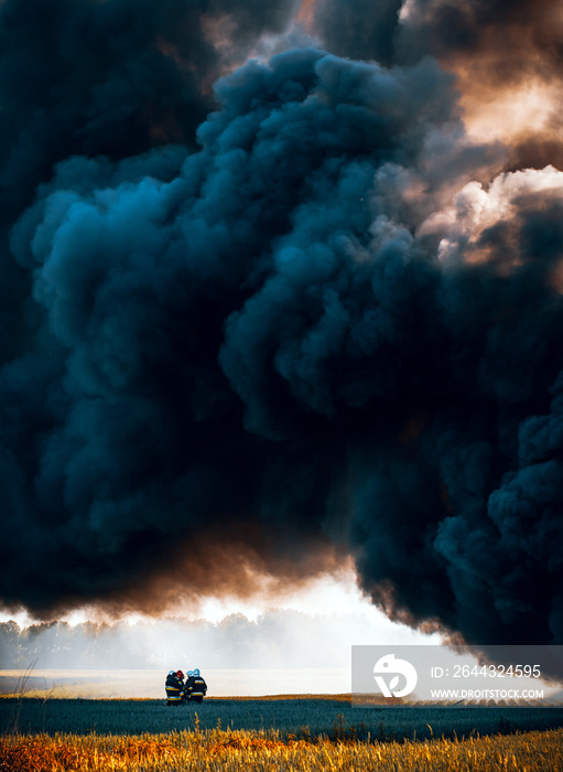 Firefighters standing under huge black cloud of smoke from the fire