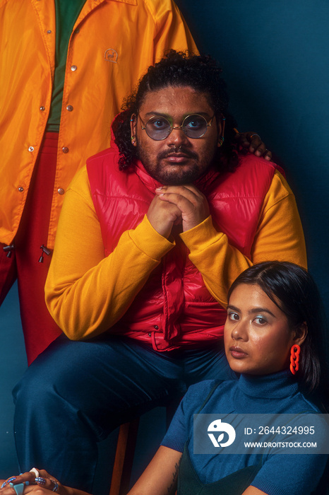 Trio fashion colour blocked studio portrait