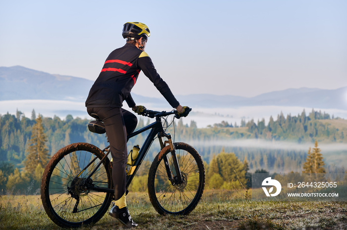 Back view of male cyclist in cycling suit standing with bike with coniferous trees and hills on background. Man bicyclist enjoying bicycle ride in mountains. Concept of sport, biking, active leisure.