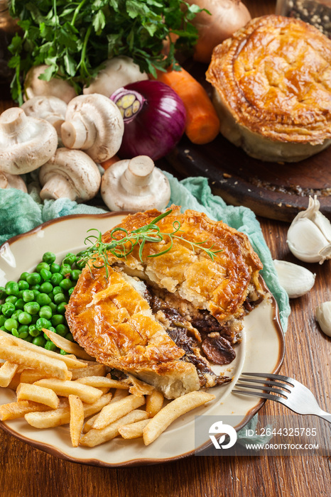 Homemade beef stew pie with french fries