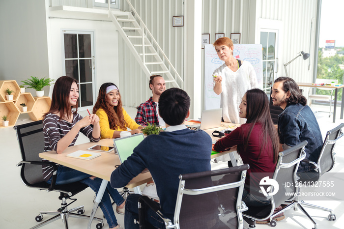 Group of multiracial young creative team talking, laughing and brainstorming in meeting at modern office concept. Female standing gesture hand for sharing while others sitting together in rear view.