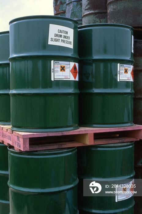 Drums of mono isopropylamine in storage compound, Greater manchester, UK