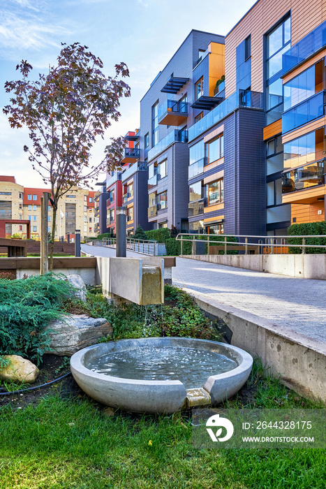 Decorative fountain at Modern residential buildings