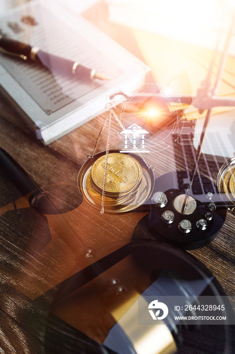 Business and lawyers discussing contract papers with brass scale on desk in office. Law, legal services, advice, justice and law concept picture with film grain effect