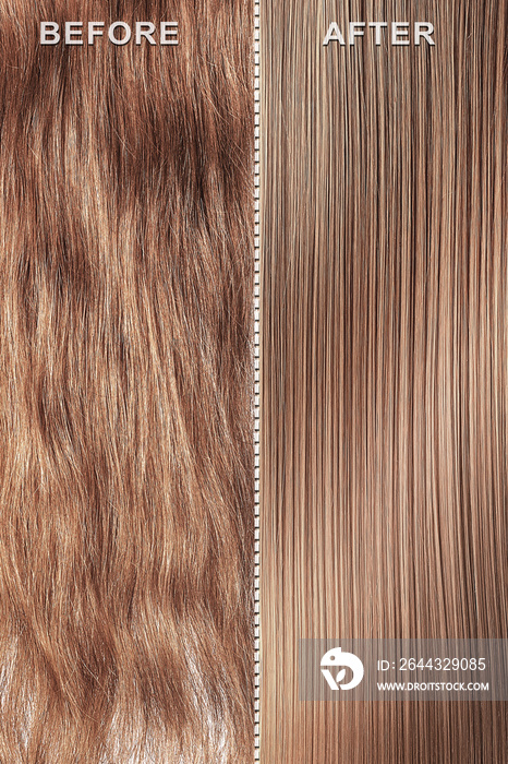 Brown hair before and after treatment, straightening