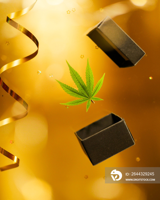 Cannabis leaf levitating on golden background. Black gift box. Christmas lights. New Year greeting card. Copy space. Vertical orientation