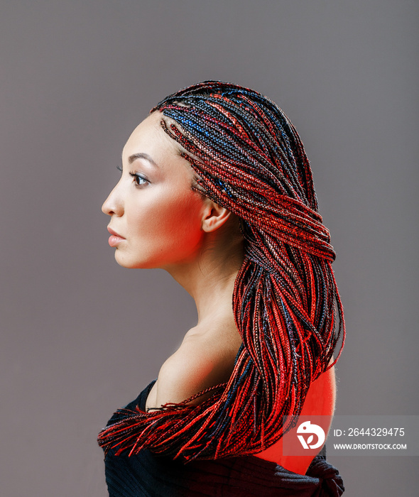 Women Hairstyle with colorful hair extensions braided in thin plaits and afrobraids