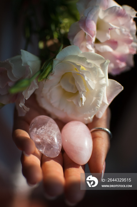 Female hands holding two yoni eggs for vumfit, imbuilding or meditation are made from pink quartz and transparent violet amethyst with white flowers indoors