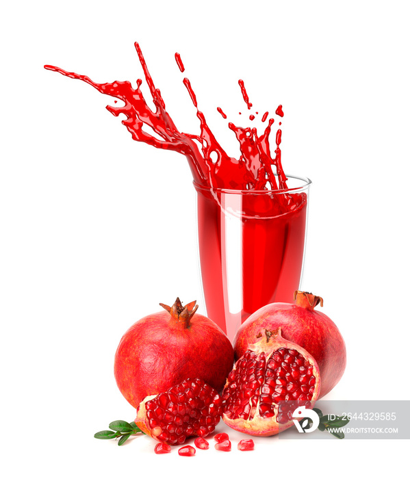 pomegranate juice splash isolated on a white background. Glass of pomegranate juice.